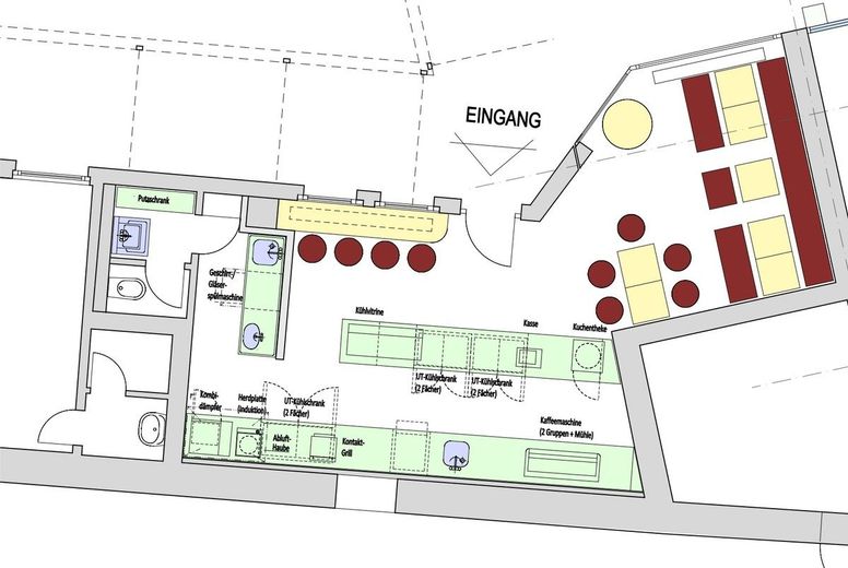 Café oder Bistro in zentraler, ruhiger Lage – Grundriss EG, Möblierungsvorschlag