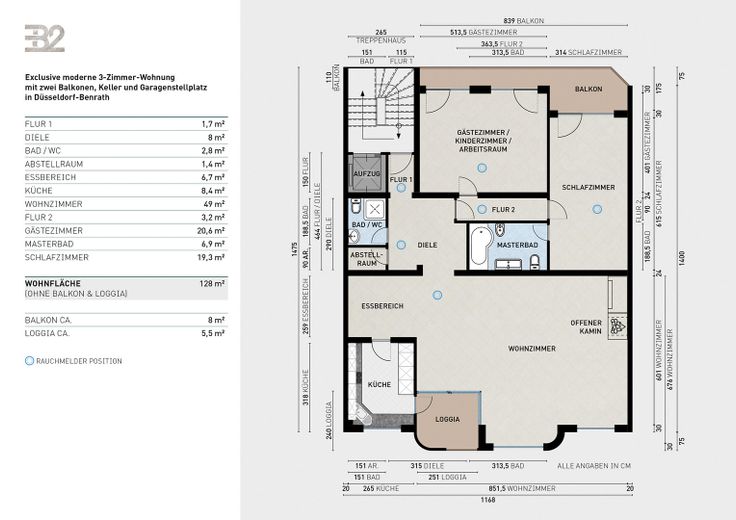 Moderne 3-Zimmer-Wohnung mit zwei Balkonen, Keller und Garagenstellplatz in Düsseldorf-Benrath – Aufteilungsplan Wohnfläche