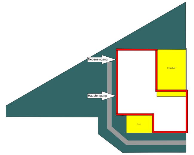Bungalow mit großem Grundstück und viel Potenzial in außergewöhnlich ruhiger Lage – weiß = Hausf. - grün = Garten