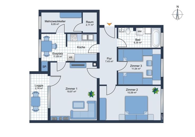 Derzeit vermietete 2,5-Zimmer-Wohnung mit Balkon zum Verkauf – Grundriss