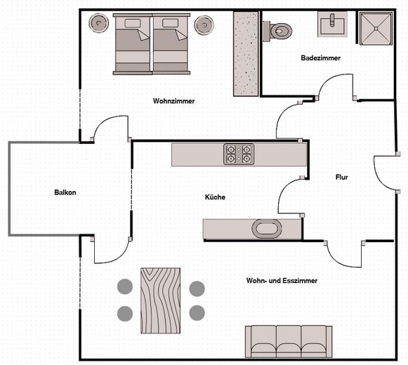 Renovierte 2-Zimmer-Wohnung mit modernem Bad, Balkon, Blick ins Grüne & Aufzug - provisionsfrei – Grundriss Beispiel Einrichtung