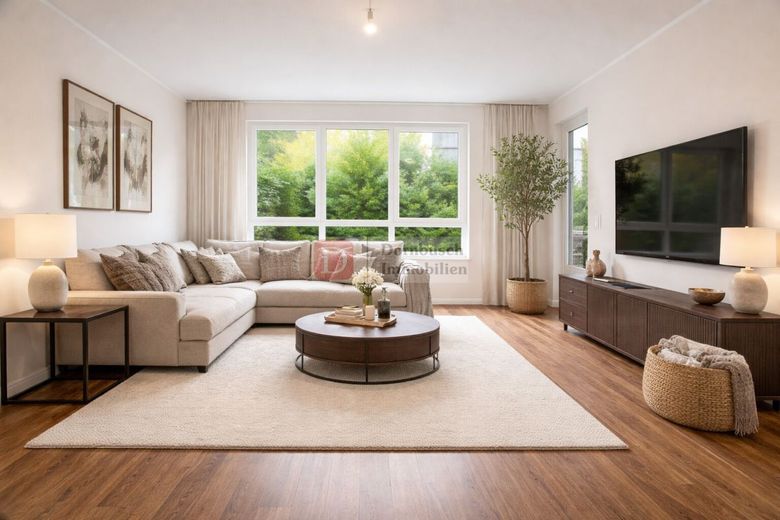 Top!! Provisionsfreie Gartenwohnung - hochwertige Renovierung, moderne Einbauküche – Wohn- und Essbereich - Virtual Staging