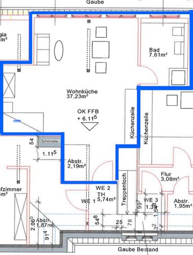 Einzimmerwohnung im Dachgeschoss, EBK, Fußbodenheizung im Duschbad – Grundriss