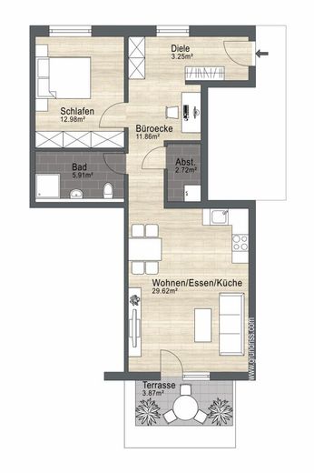 Stadtnah wohnen mit Komfort: 2-Zimmer-Erdgeschosswohnung mit Südterrasse &amp; Tiefgarage – Grundriss