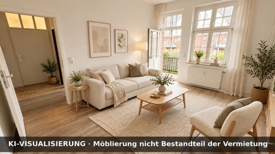 Wonen met geschiedenis & uitzicht op groen – gemoderniseerd 2-kamerappartement met balkon en uitzicht op de klokkentoren – Wohnzimmer - KI-Visualisierung