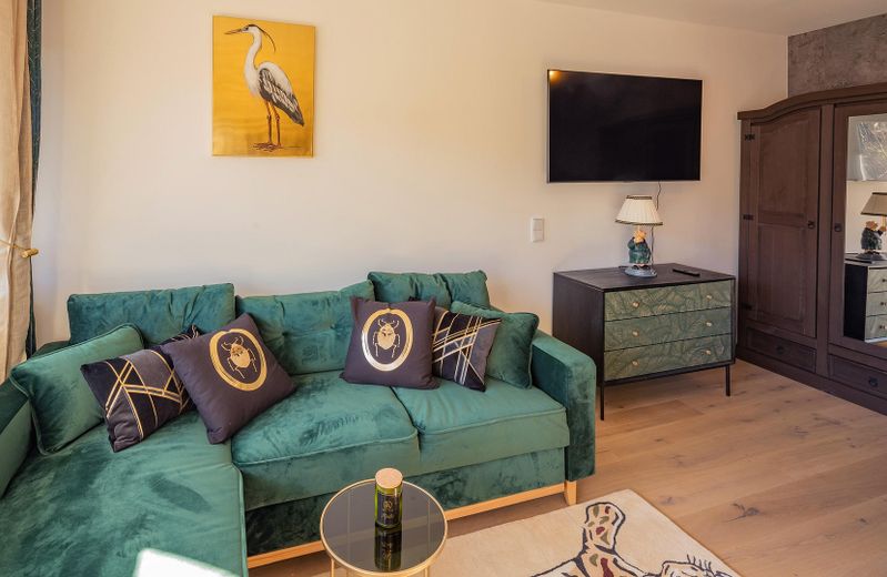 Wunderschöne City Wohnung im Zentrum von Dachau mit Blick auf den Schlosspark! Vollständig möbliert. – Wohnzimmer 