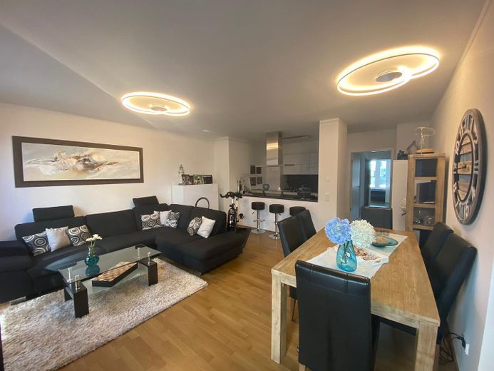 Wohnen am Rhein im Zollhafen – 2-Zimmer-Wohnung in den Schiffshäusern mit Rheinblick und Garten – Wohnzimmer