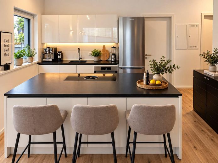 SIN COMISIÓN - Ubicación privilegiada / Moderno apartamento de 2 habitaciones (año de construcción 2018) con terraza, cocina y plaza de garaje subterráneo – Küche