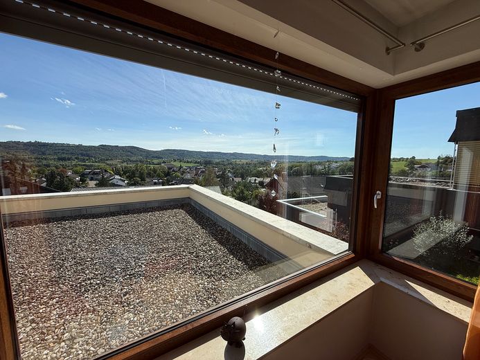 4 Zimmer mit Aussicht – Terrasse, Wärmepumpe, Garage und Stellplatz inklusive – Ausblick Wohnzimmer 2