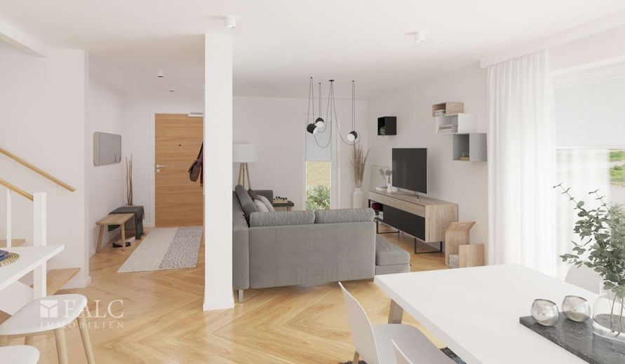 Freistehendes Einfamilienhaus nach KfW55 – Wohnzimmer Animation