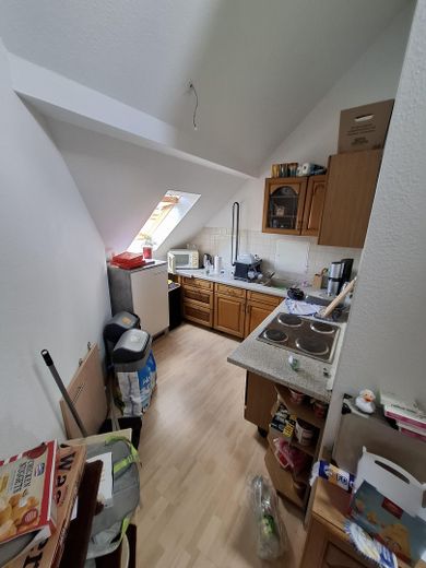 Luminoso appartamento mansardato | 2 locali, cucina, letto rialzato e vasca da bagno | Animali domestici "Sì" – Küche mit offenem Wohnbereich