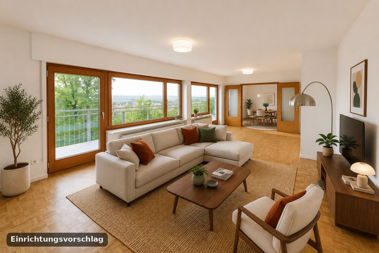 Wohnen wie im eigenen Haus: 6,5-Zi.-Maisonette, 195 m² mit Weitblick, ruhige Waldrandlage in Leimen – Wohnzimmer mit Rheinblick