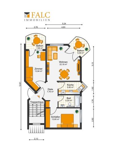 Tolle helle 3 Zimmer-Wohnung mit 2 Balkonen ruhige Lage – Grundriss Whg. Nr 4