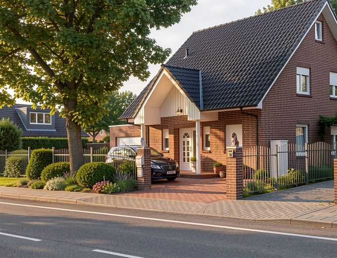 Freistehendes Einfamilienhaus mit Südgarten, großzügiger Garage & ausgebautem Dachgeschoss – Haus von aussen (KI Bild)