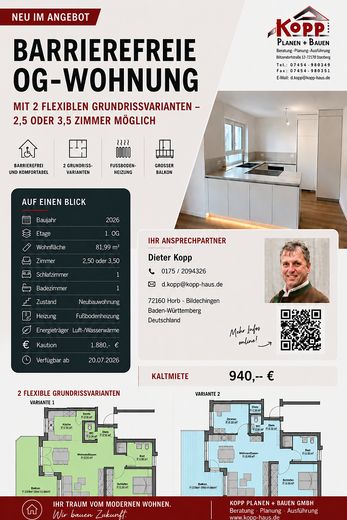 Barrierefreie OG-Wohnung mit 2 flexiblen Grundrissvarianten – 2,5 oder 3,5 Zimmer möglich – Flyer mit KI erstellt