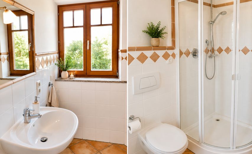 helle, großzügige Wohnung mit Weitblick fußläufig zum Pilsensee – Duschbad