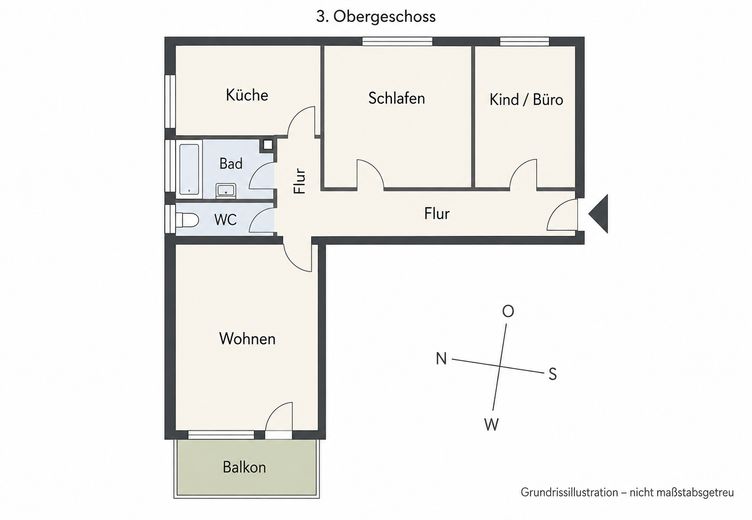 Provisionsfrei: Gepflegte 3-Zimmer-Wohnung mit Südwestbalkon – ab Dezember bezugsfrei – Grundrissillustration