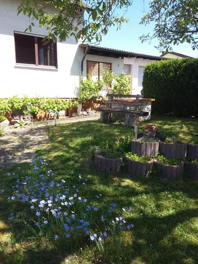 EFH mit XXL Garage und zusätzlichem Baufenster – Bank am gemauerten Grill