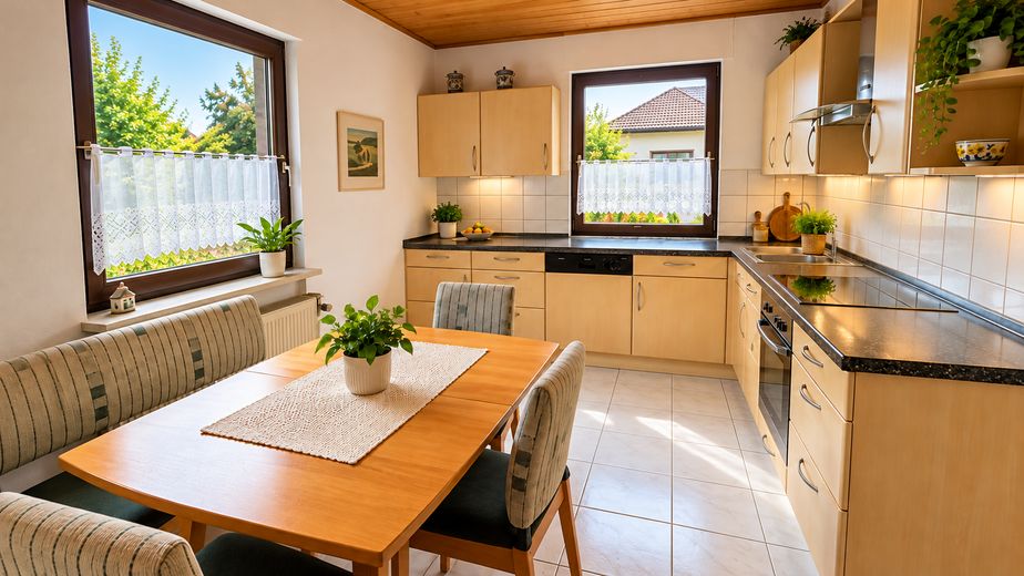 Detached single-family house with garden, balcony and parking space  commission-free – Küche mit gemütlichem Essberei