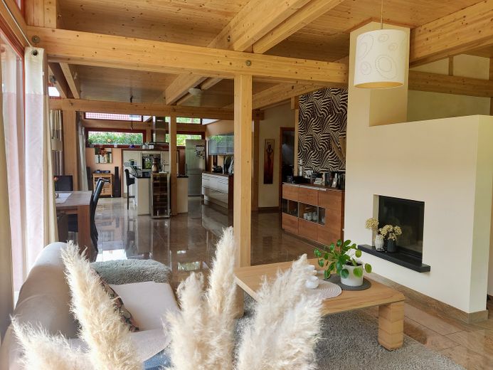 Lichtdurchflutete, energieeffiziente Villa aus Holz, Glas und Stein – Wohnbereich 