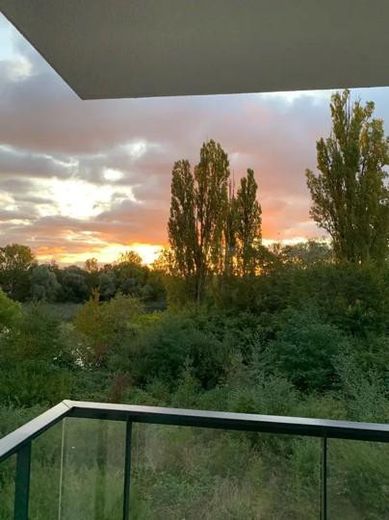 Lujo junto al lago Probstsee: 3,5 hab., cocina equipada, vestidor, garaje subterráneo | 7 min de Patch Barracks – Sunset from the balcony