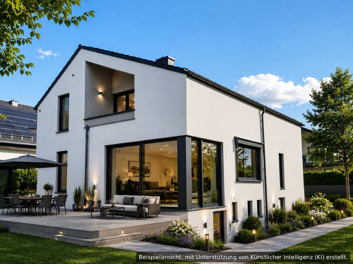 Provisionsfreies KFW55 Ausbauhaus: Architekten 2FH trifft auf 750m² Natur mit Gestaltungsmöglichkeit – Außenansicht mit Terrasse