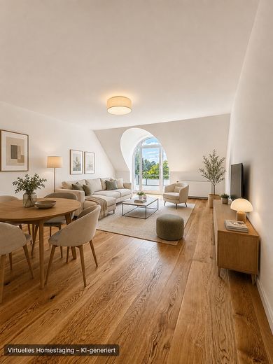 Stilvoll saniertes Dachgeschoss mit Rundbogen-Gauben und Balkon in Kirchrode – Wohnzimmer - Homestaging
