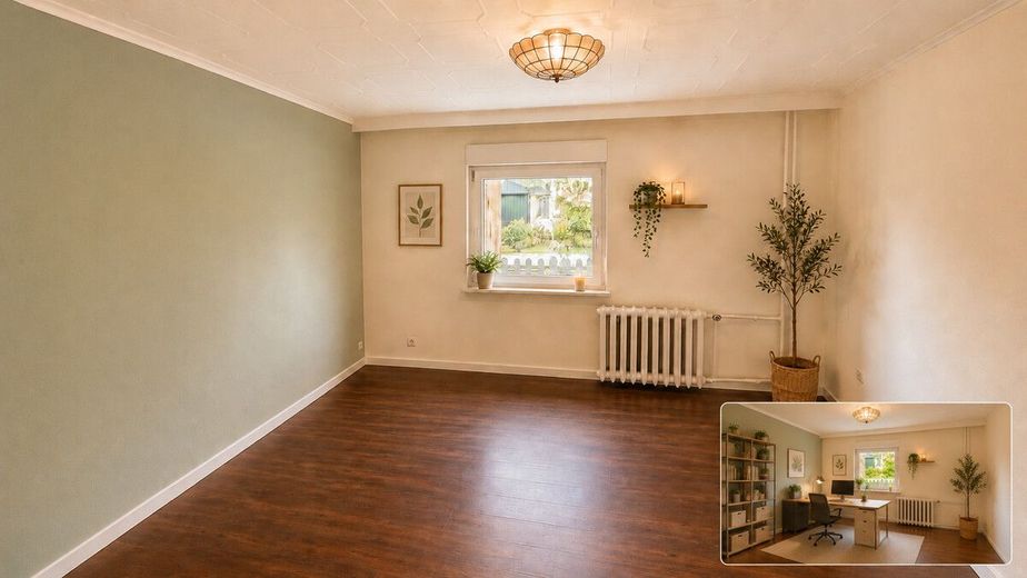 PROVISIONSFREI | Familienhaus mit großem Traumgrundstück, Werkstatt, Garage und Ausbaureserve – Büro mit virtuellem Einrichtungsbeispiel