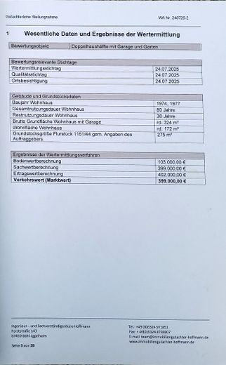 Doppelhaushälfte in ruhiger Lage mit Garten an angrenzenden Nachbargärten – Gutachten