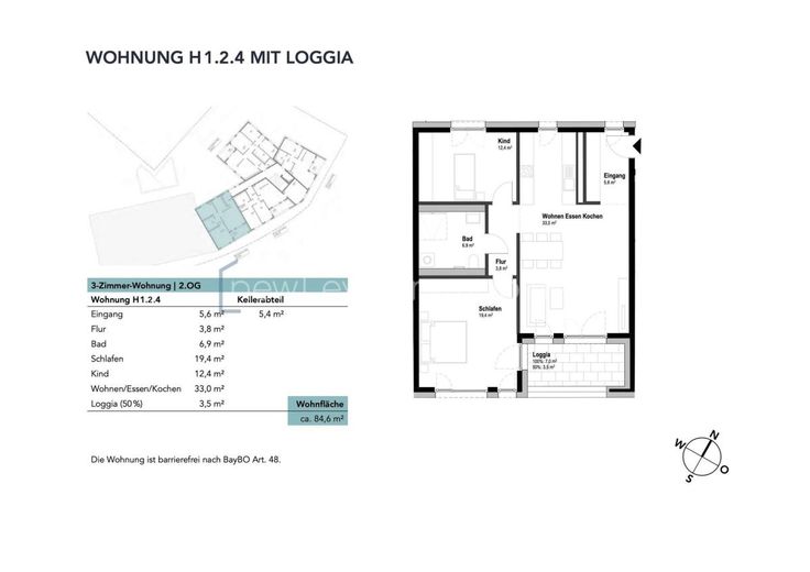 3-Zi. - Eigentumswohnung im ILLERPARK mit Loggia | 84,6 m² | Erstbezug (1.2.4) – Wohnung H1.2.4 mit Loggia