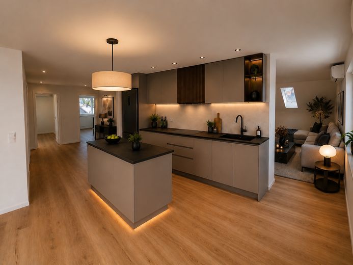 Moderne 4 Zimmer DG Wohnung mit Garten in ruhigem gehobenen Wohngebiet – Küche Diele WZ