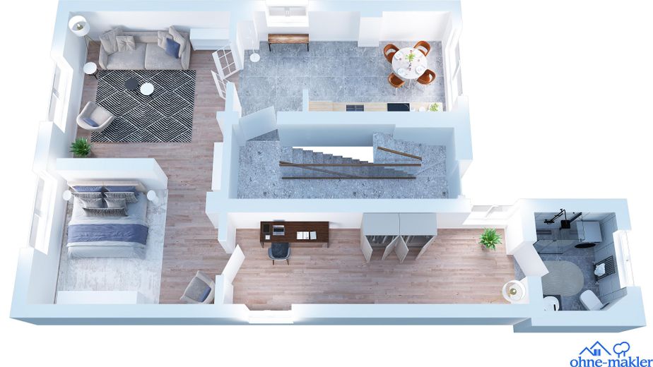 Stilvolle Innenstadtwohung 62 m2 in historischem Wohnhaus, Griesheim-DA – Grundriss dreidimensional