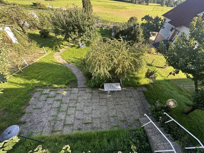 Ausblick Balkon auf Terrasse