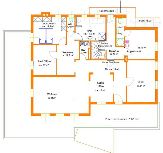 Aile/kuşaklar/work-life konutu, 4-6 birim, yaklaşık 600 m² kullanım alanı, 2017'de komple yenilenmiş – Das 1. OG mit 120 m² Dachterr.