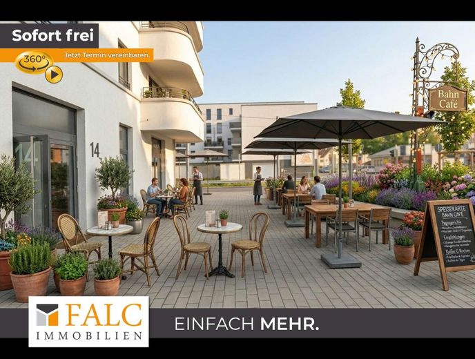 Gastro-Highlight Köln-Rodenkirchen: Neubau-Ecklage mit 90 m² Sonnenterrasse, sofort verfügbar – Gastronomie Illustration