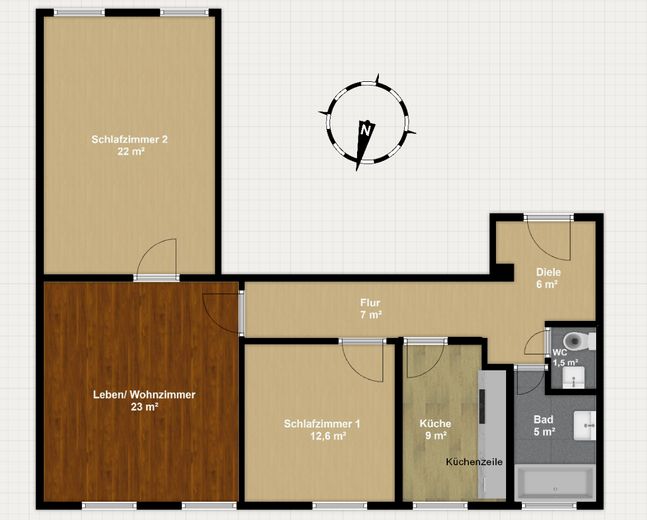 Frisch renovierte, helle 3 - Zimmer Wohnung in ruhigem Haus direkt an den Barmer Anlagen – Grundriss 2D