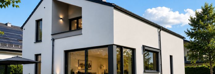 Provisionsfreies KFW55 Ausbauhaus: Architekten 2FH trifft auf 750m² Natur mit Gestaltungsmöglichkeit – Außenansicht mit Terrasse