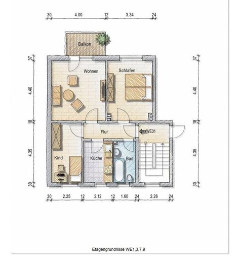 Balkonlu, otoparklı ve yeni doğalgaz kat kaloriferli 3 odalı daire | 50,90 m² – Grundriss