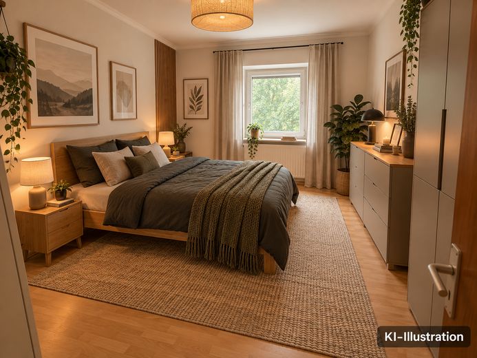 Wynajęte mieszkanie 2-pokojowe w bardzo dobrej lokalizacji – Schlafzimmer (KI-Illustration)