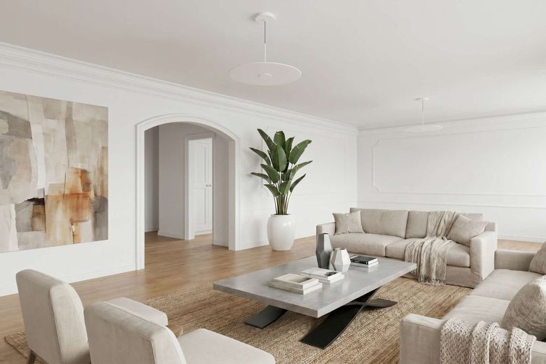 So könnte Ihr Leben in Sachsenhausen aussehen - 127m², zwei Terrassen, Frankfurter Skyline – Wohnzimmer mit Blick in den Flur - Visualisierung
