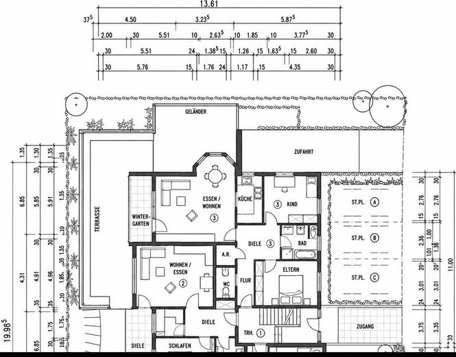Appartamento di 3,5 locali. Piano terra, terrazza, posto auto + garage interrato. Privo di barriere, senza provvigione, da privato, senza agenzia – Grundriss (mit KI überarbeite)