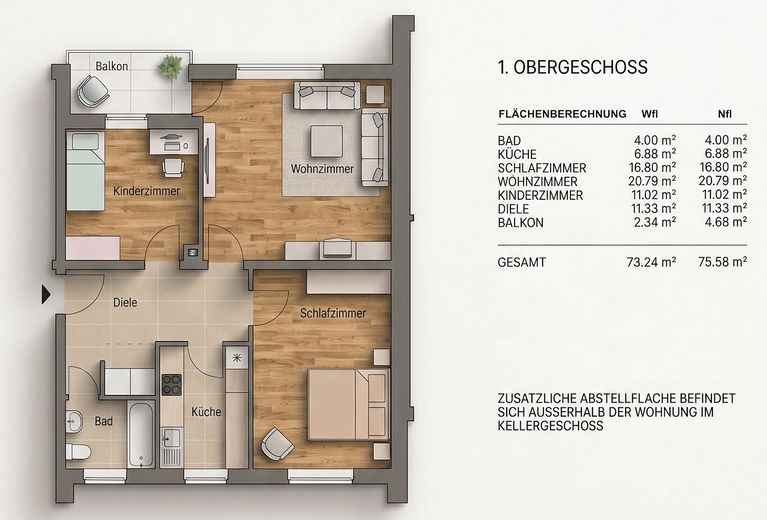 Helle 3 Zimmer am Waldstreifen — Balkon, TG-Stellplatz, bezugsfrei & provisionsfrei – Grundriss