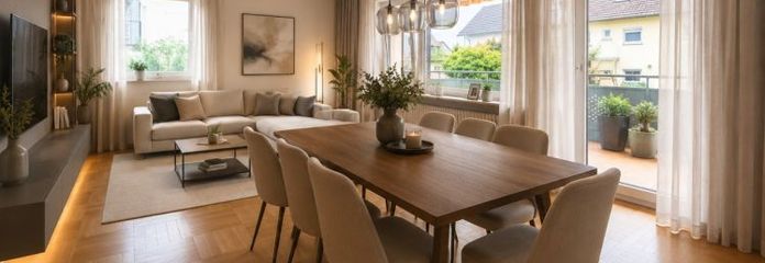 Solide Erdgeschosswohnung mit großzügigem Wohnbereich, zwei Balkonen und einer Garage