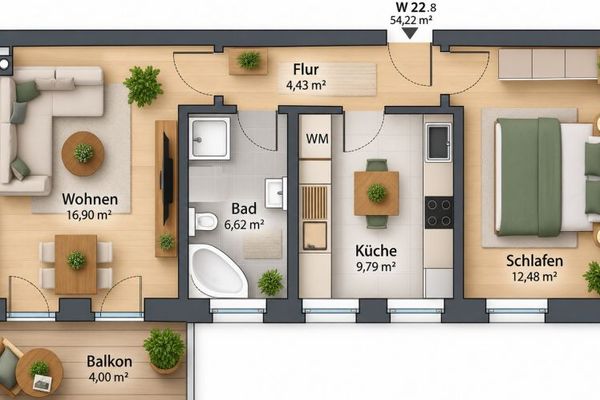 Magnifique appartement 2 pièces dans un quartier calme avec balcon et carport