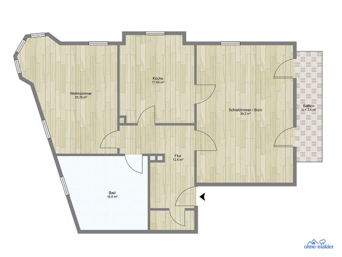 Möblierte, großzügige 2 Zimmer-Wohnung, WG-geeignet, Innenstadt, Südbalkon – Grundriss 2. OG