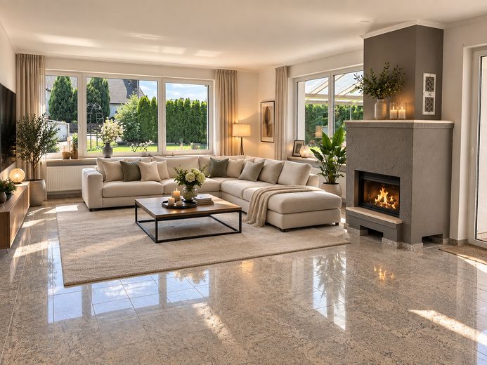 Havuz, ev sineması ve seçkin yaşam konforuyla aile cenneti – Wohnzimmer KI generiert
