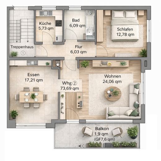 *PROVISIONSFREI*  moderne 3-Zimmer-Wohnung mit Balkon – Grunriss 1. OG