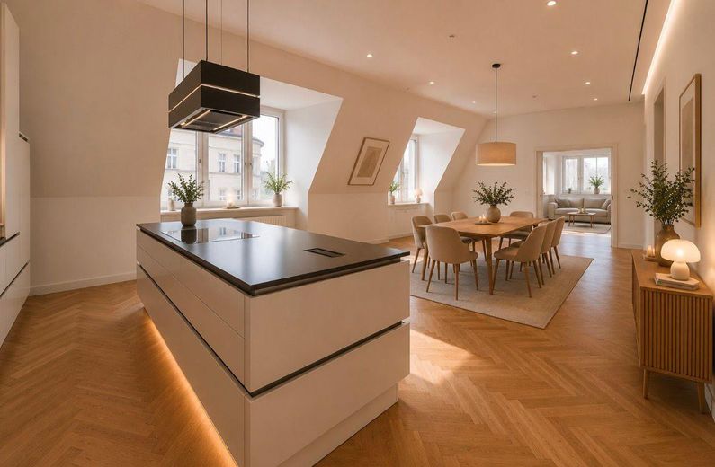Provisionsfrei: Außergewöhnliche Dachgeschosswohnung mit Blick über Berlin und toller Dach-Terrasse – Küche offen/Esszimmer KI