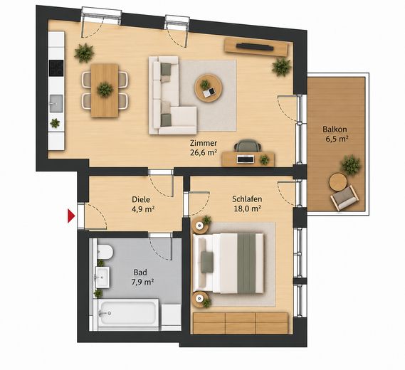 Exklusiv Toplage 2-Zimmer Wohnung in der Hafencity am Lohsepark – Grundriss