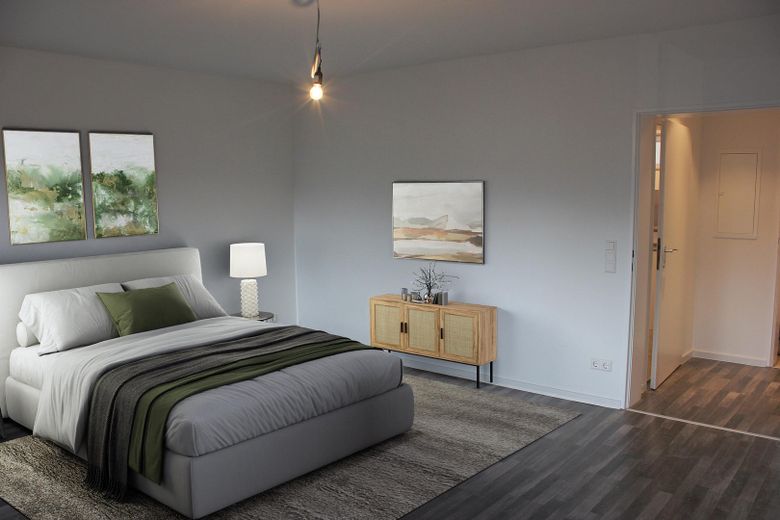 Sanierte 2.5-Zi-Wohnung mit Einbauküche, Terrasse, Garten + Gartenhütte in Waldstetten – Visualisierung Schlafzimmer